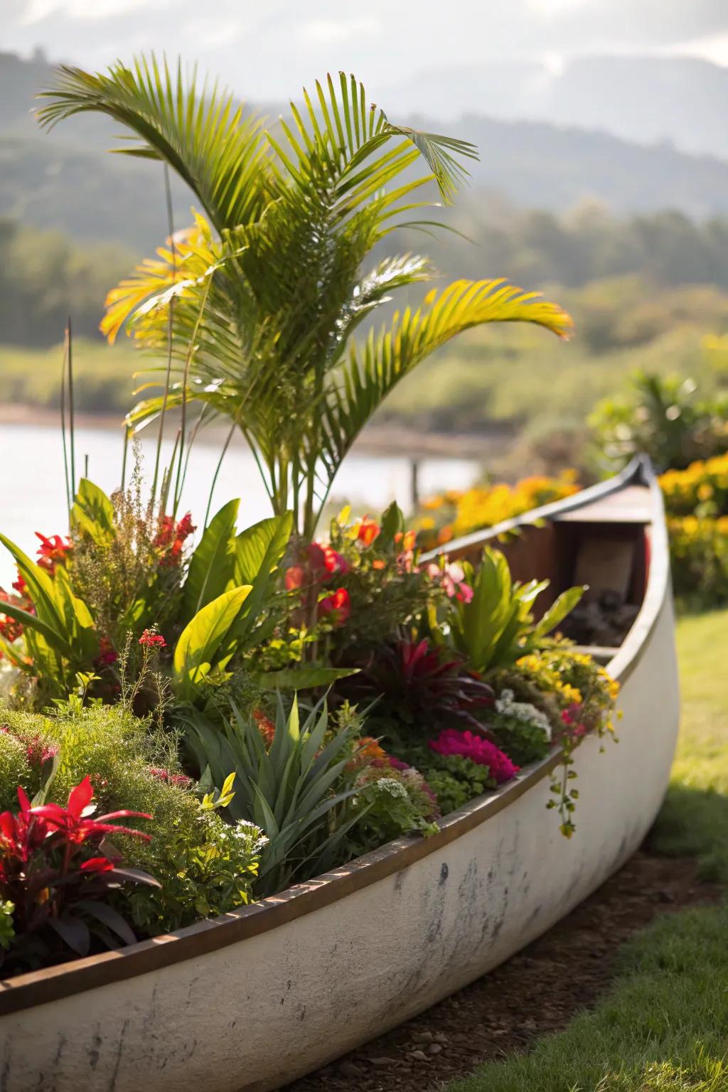 A tropical-themed canoe planter introduces an exotic flair to your garden.