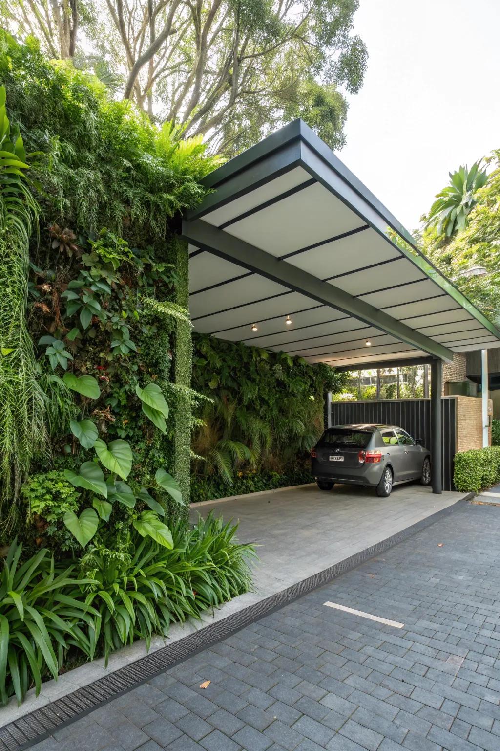 A carport highlighted by a lush vertical garden, merging nature with architectural design.
