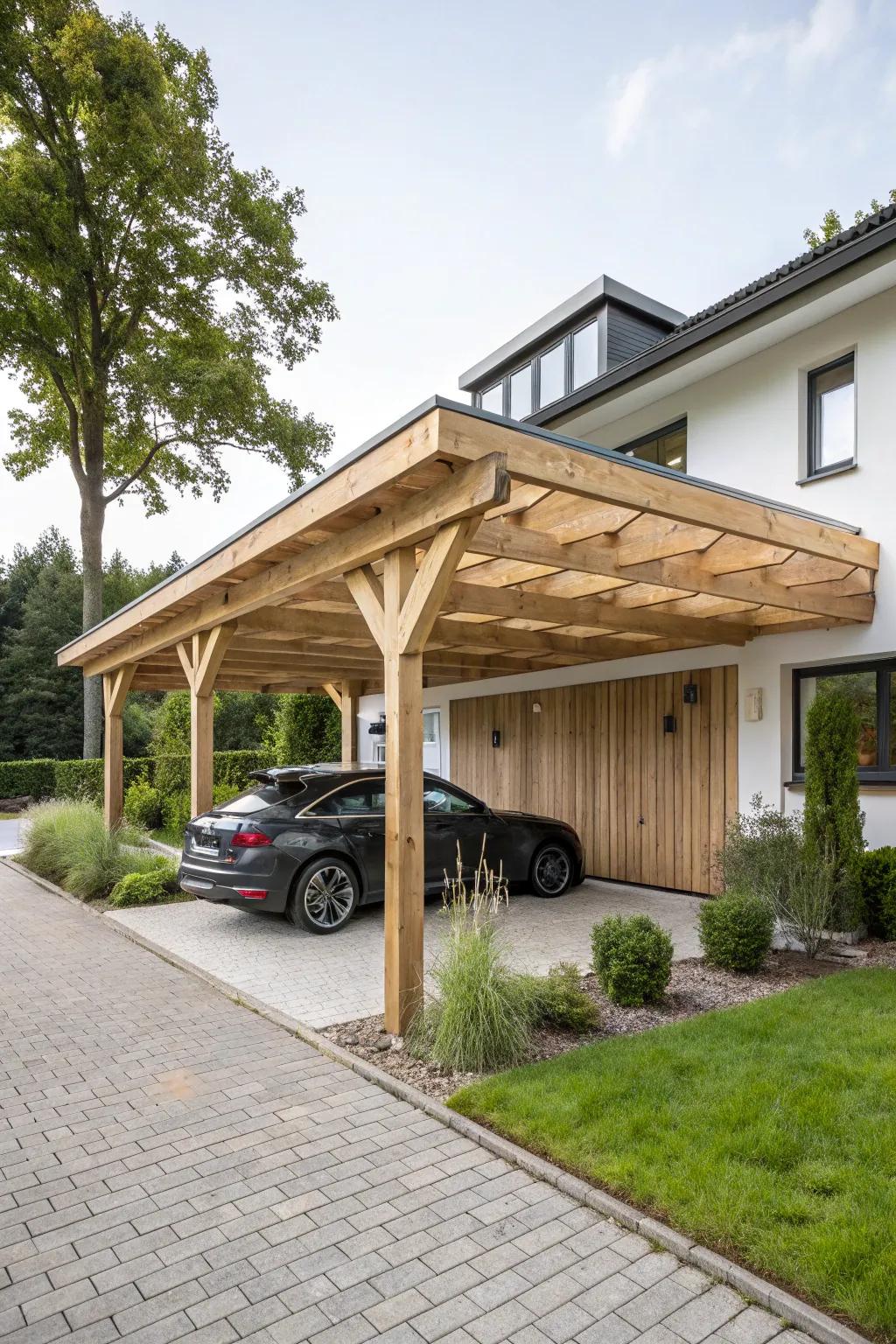 An eco-friendly timber carport offering natural warmth.