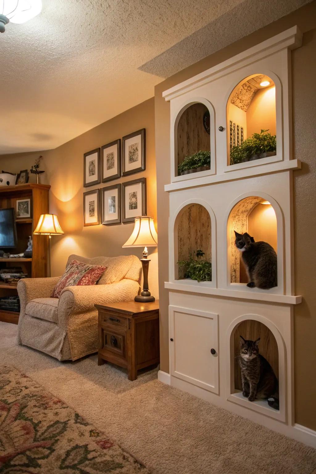 Concealed cubbies deliver a sanctuary for reserved cats.