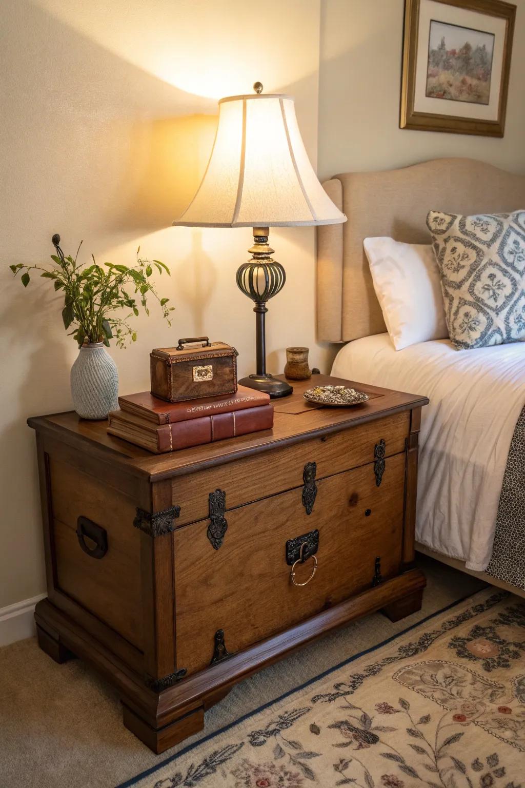 A storage trunk offers a charming alternative to a traditional nightstand.