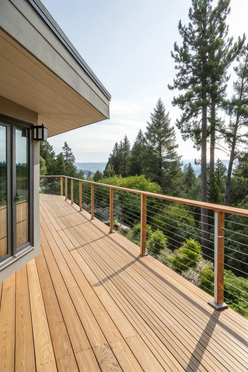 Minimalist elegance with wire railings.