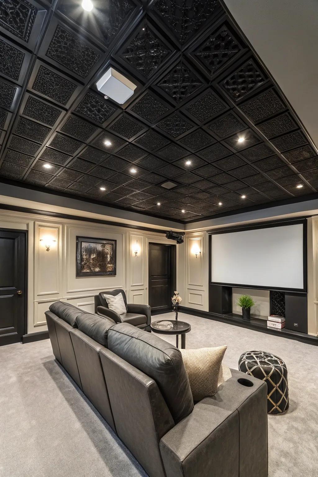 Dark ceiling squares create a dramatic and cozy atmosphere.