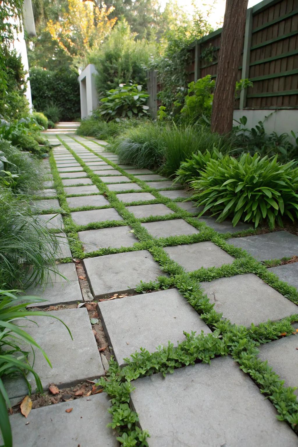 Lively concrete path featuring ground cover plants for a natural feel.