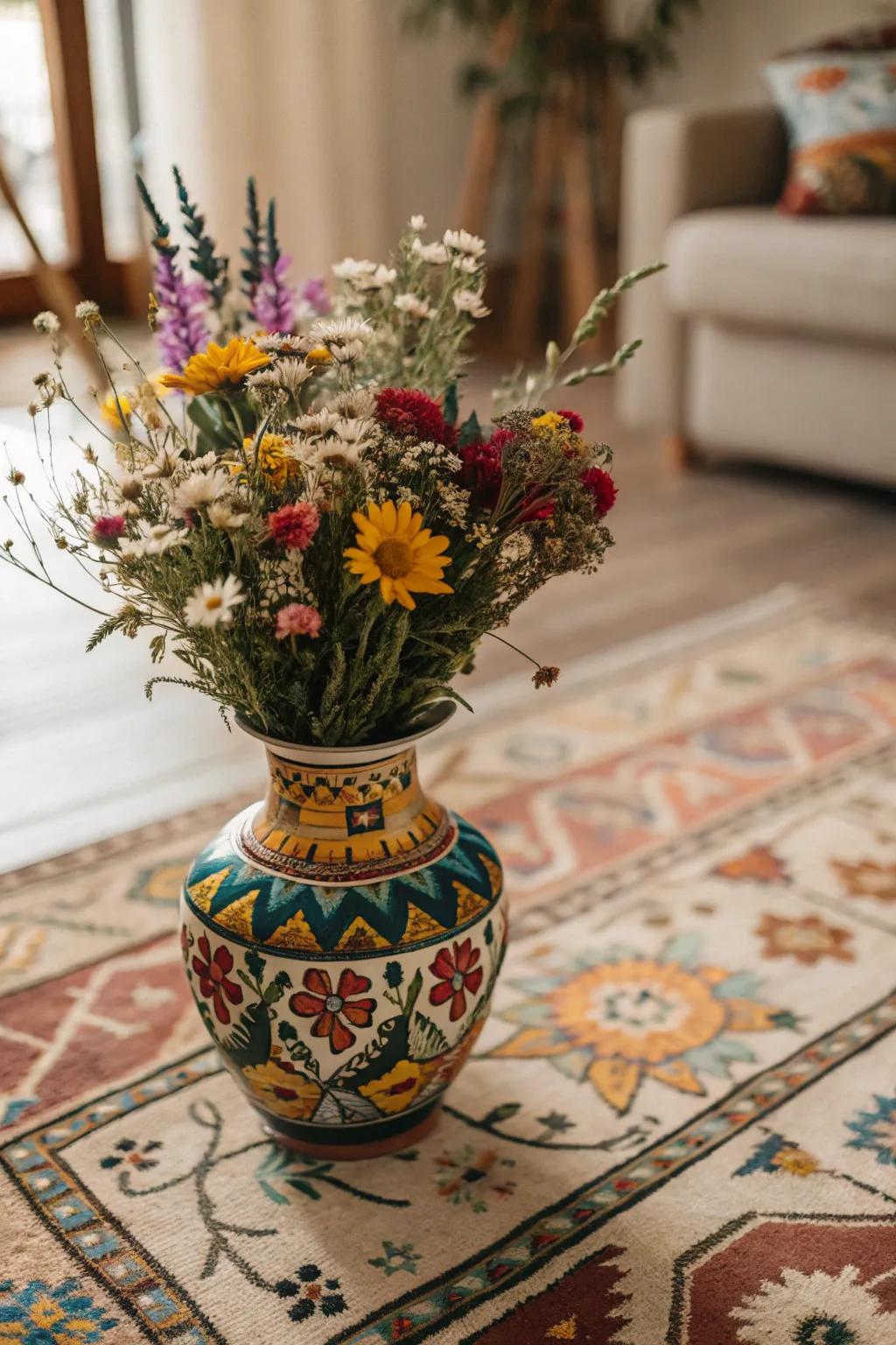 A boho-inspired ceramic vase adds a touch of whimsy to the décor.