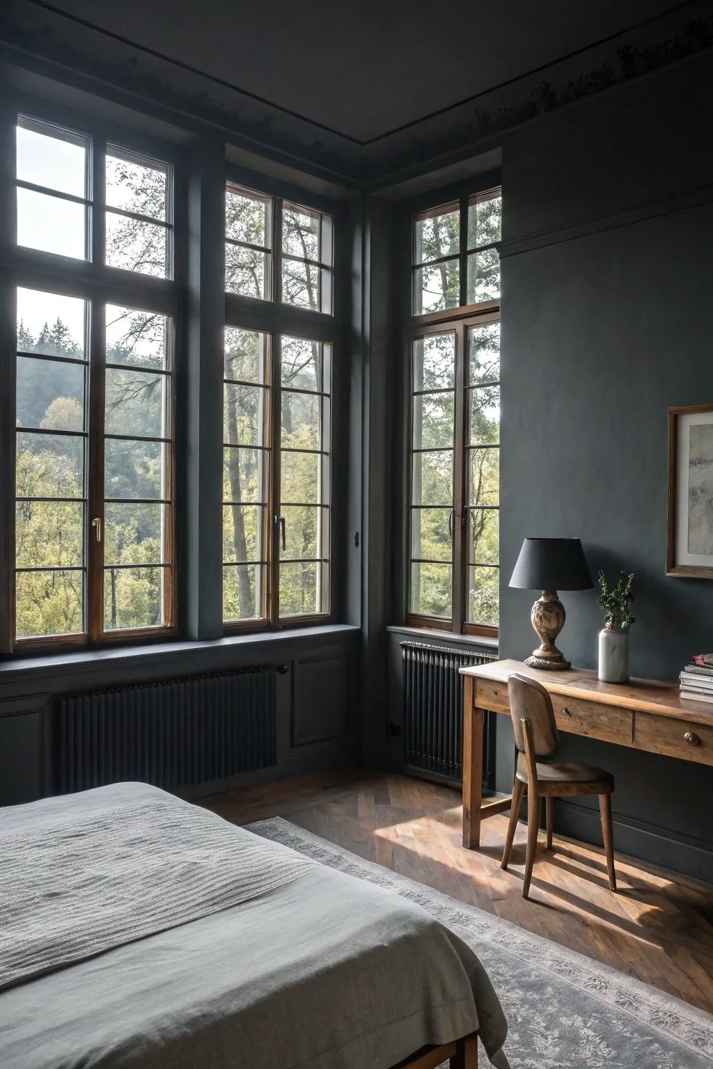 Sunlight brightens up a room with deep gray walls.