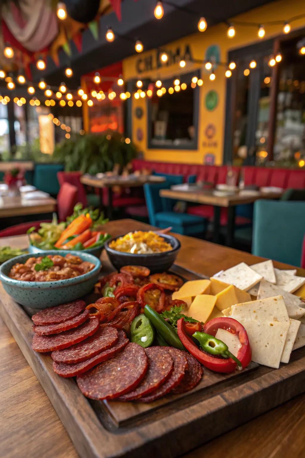 Fiesta vibes with spicy meats and colorful peppers.