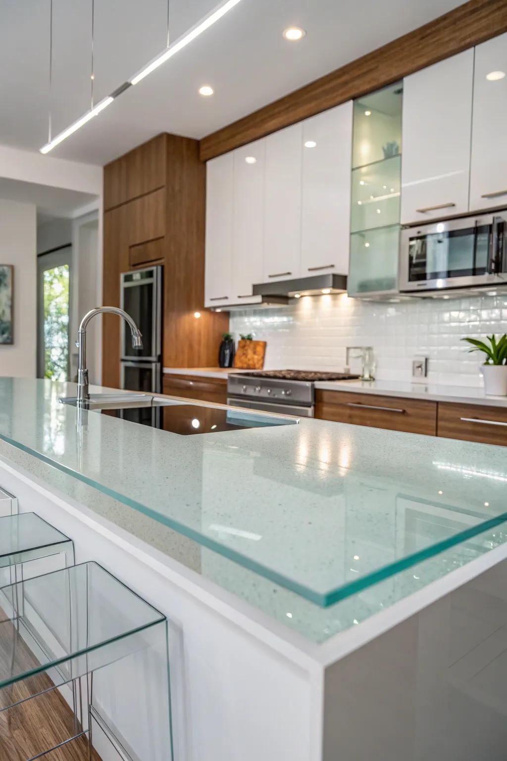 An elegant kitchen features modern glass countertops.
