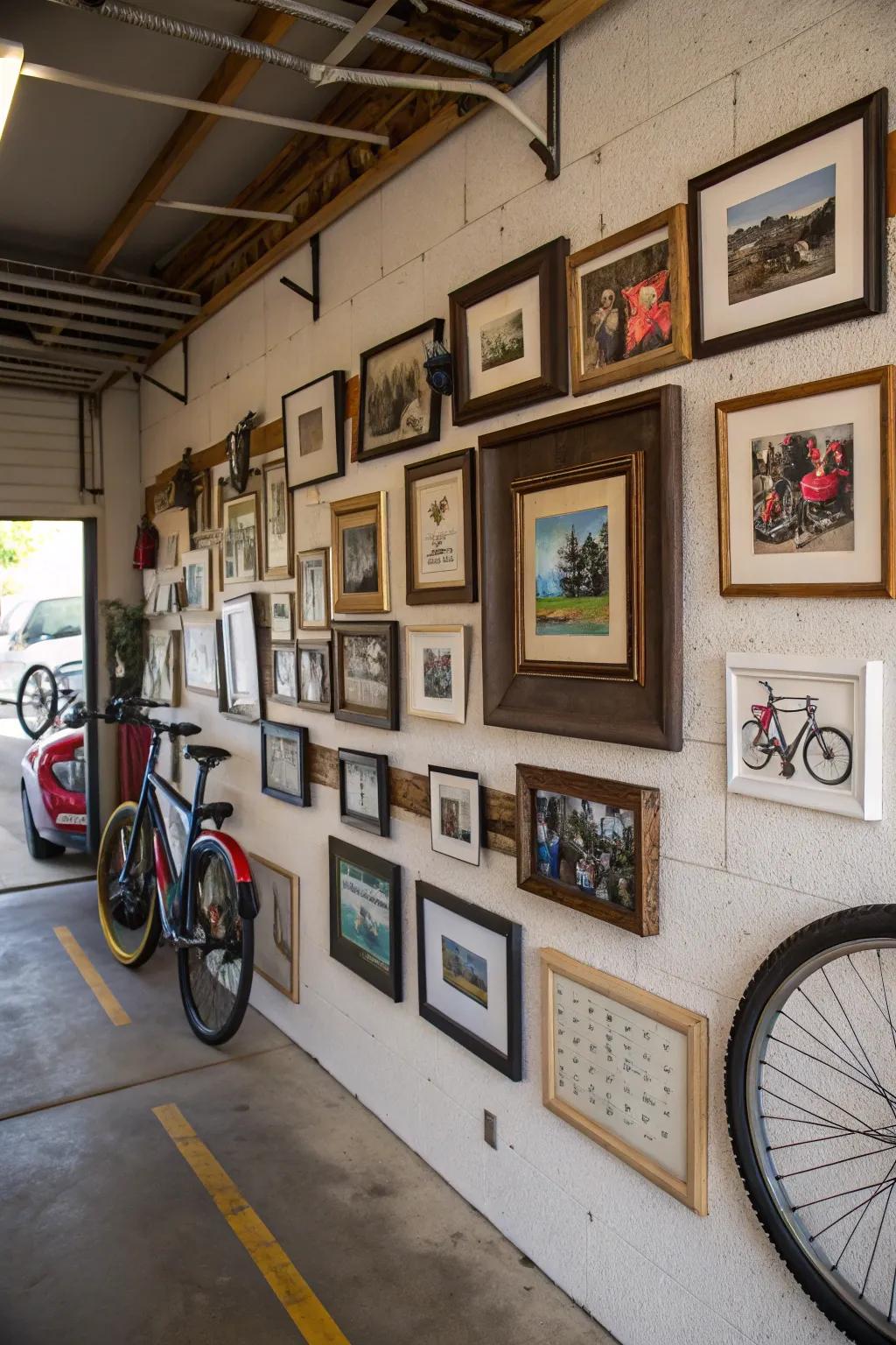 Artwork personalizes and enhances garage aesthetics.