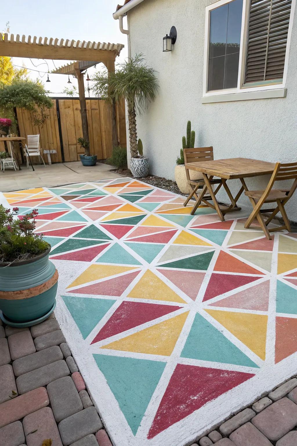 Vibrant, personalized patio thanks to painted concrete.