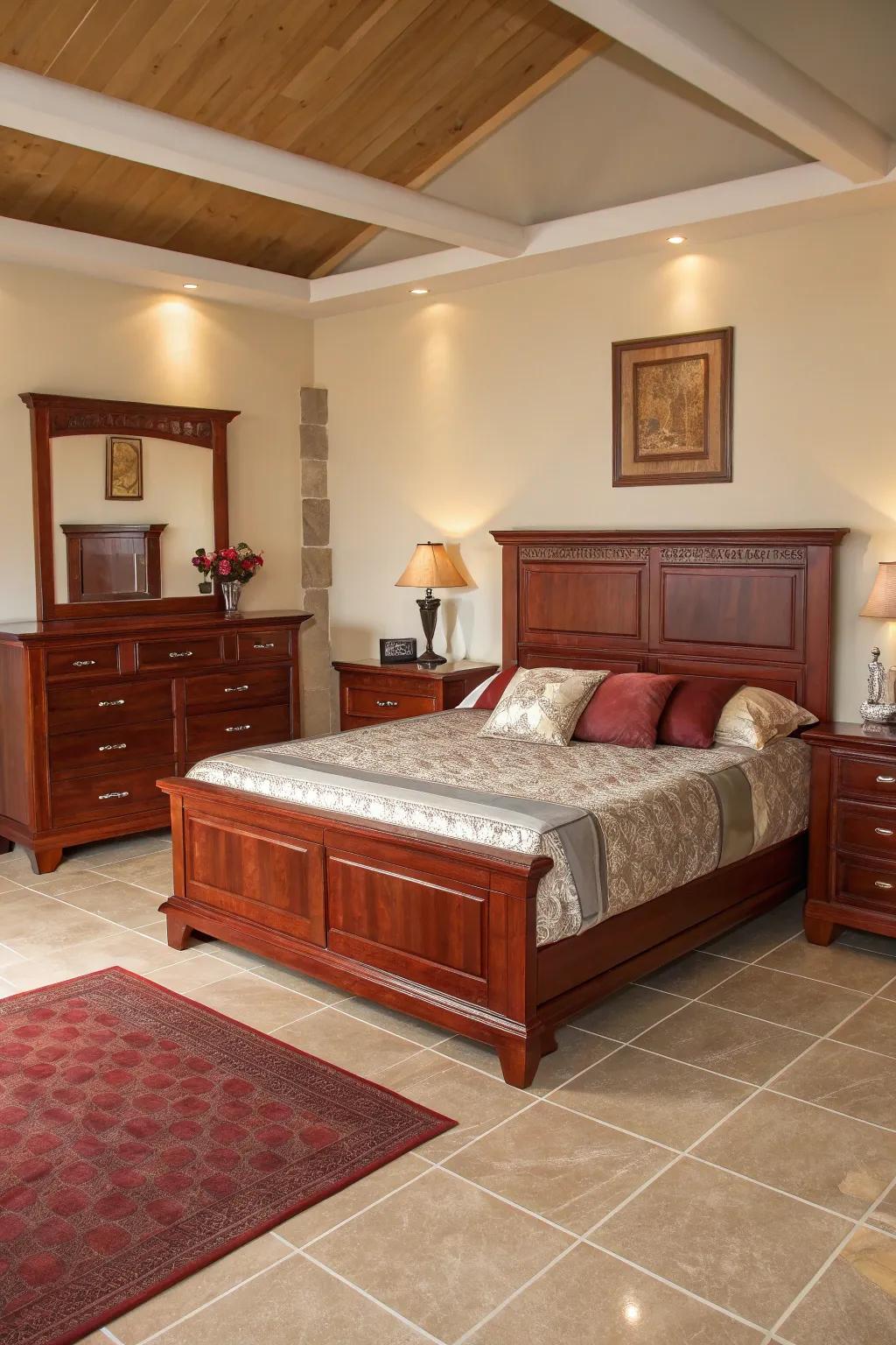 Balanced arrangements creating peace in a cherry wood bedroom.