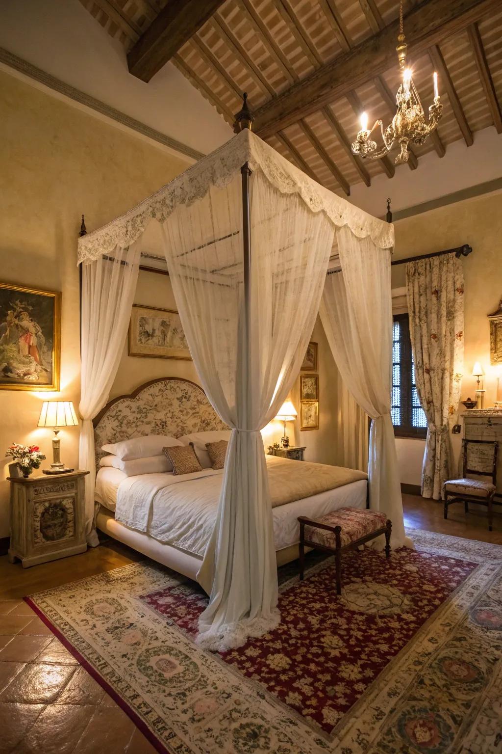 A draped bed adding elegance and coziness to the room.