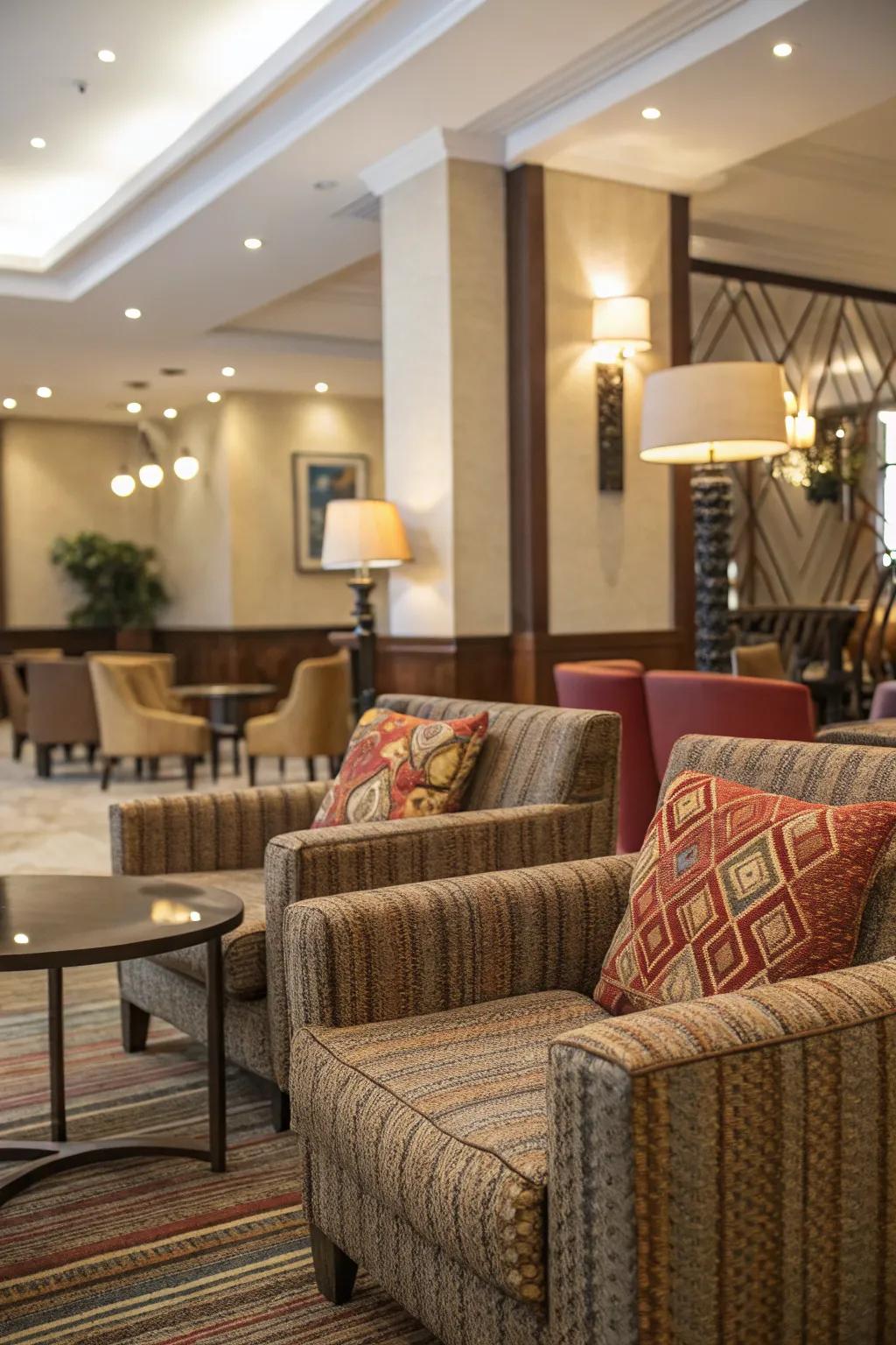 Textured fabrics enhancing the comfort and style of the lobby seating.