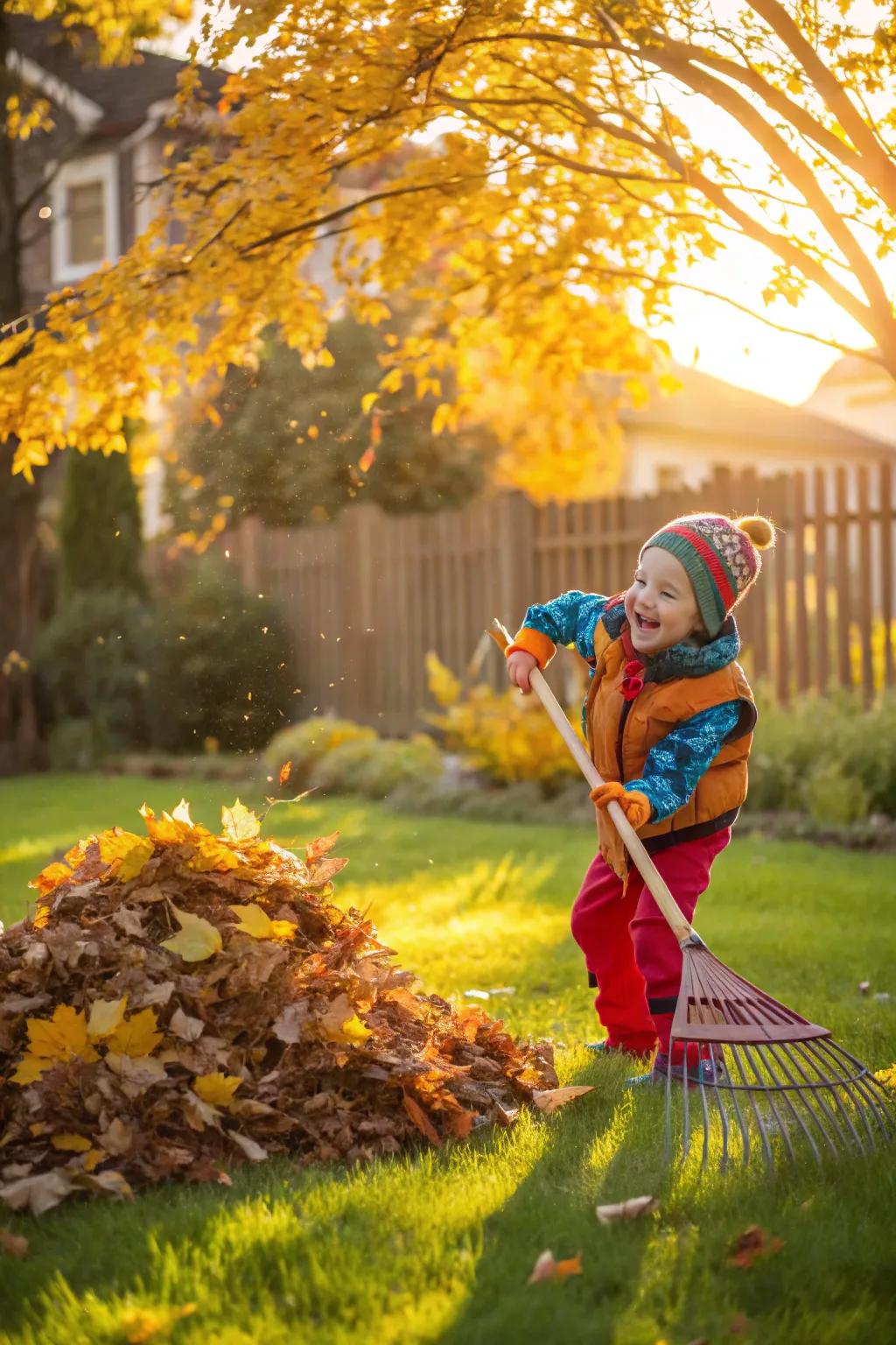 A child gathers fallen leaves, mixing work with play.