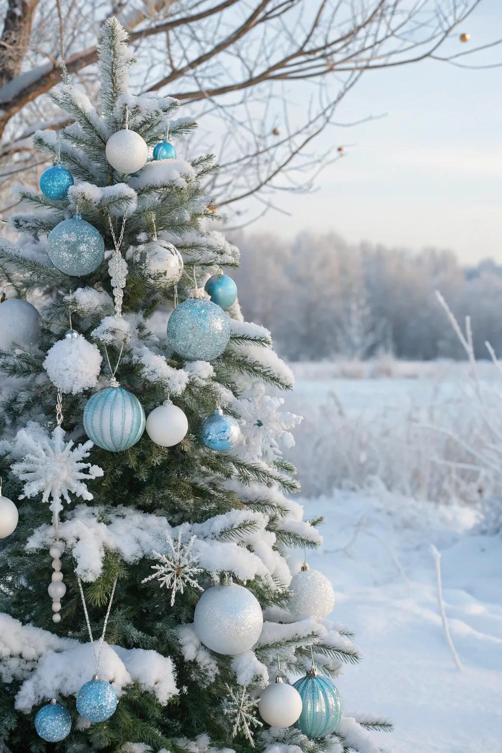 A winter wonderland Christmas ball tree with enchanting snowy decorations.