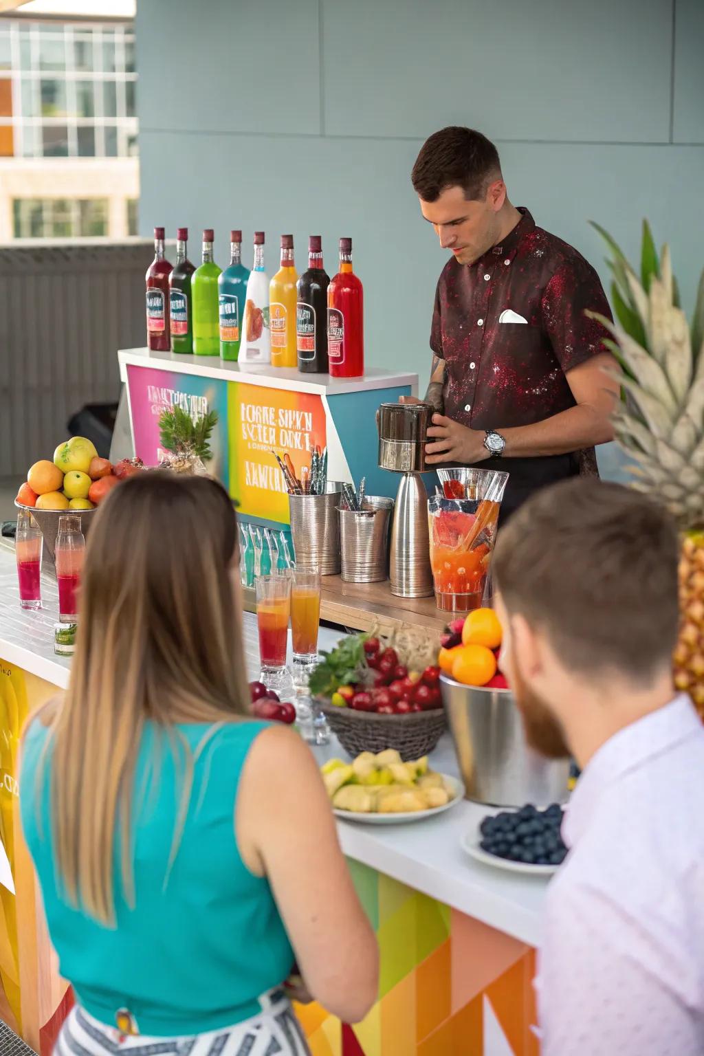 A vibrant cocktail-making event where attendees mix custom festive drinks.