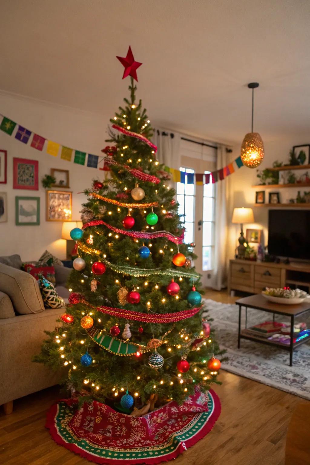 A lively Christmas tree showcasing fiesta-themed decors and vibrant lights, contributing a celebration flair to the holidays.