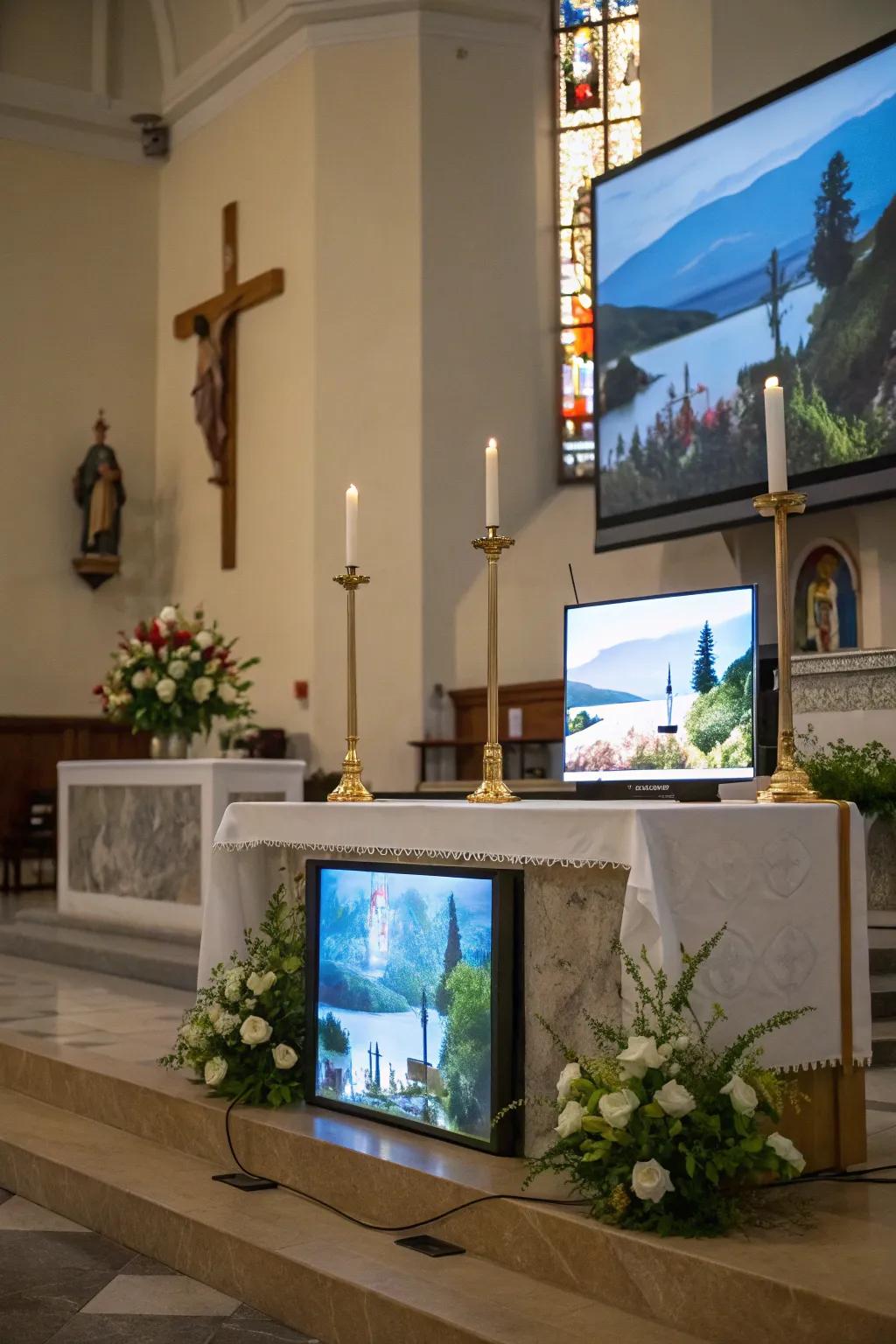 A place of worship enhanced by digital displays showcasing serene and inspirational visuals.