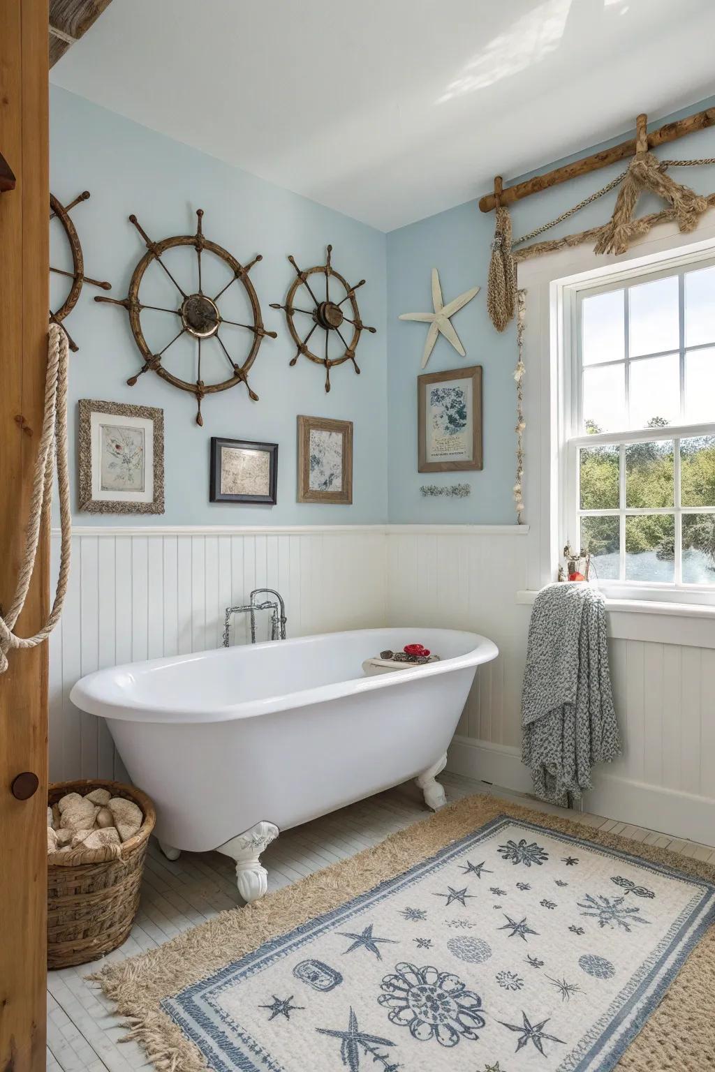 A seaside bathroom where colors and decor evoke the tranquility of the sea.