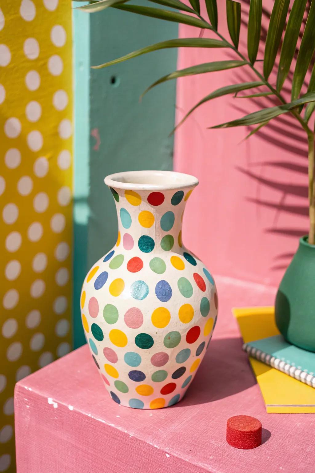 A playful patterned earthenware container adding enjoyment and whimsy to any decor.