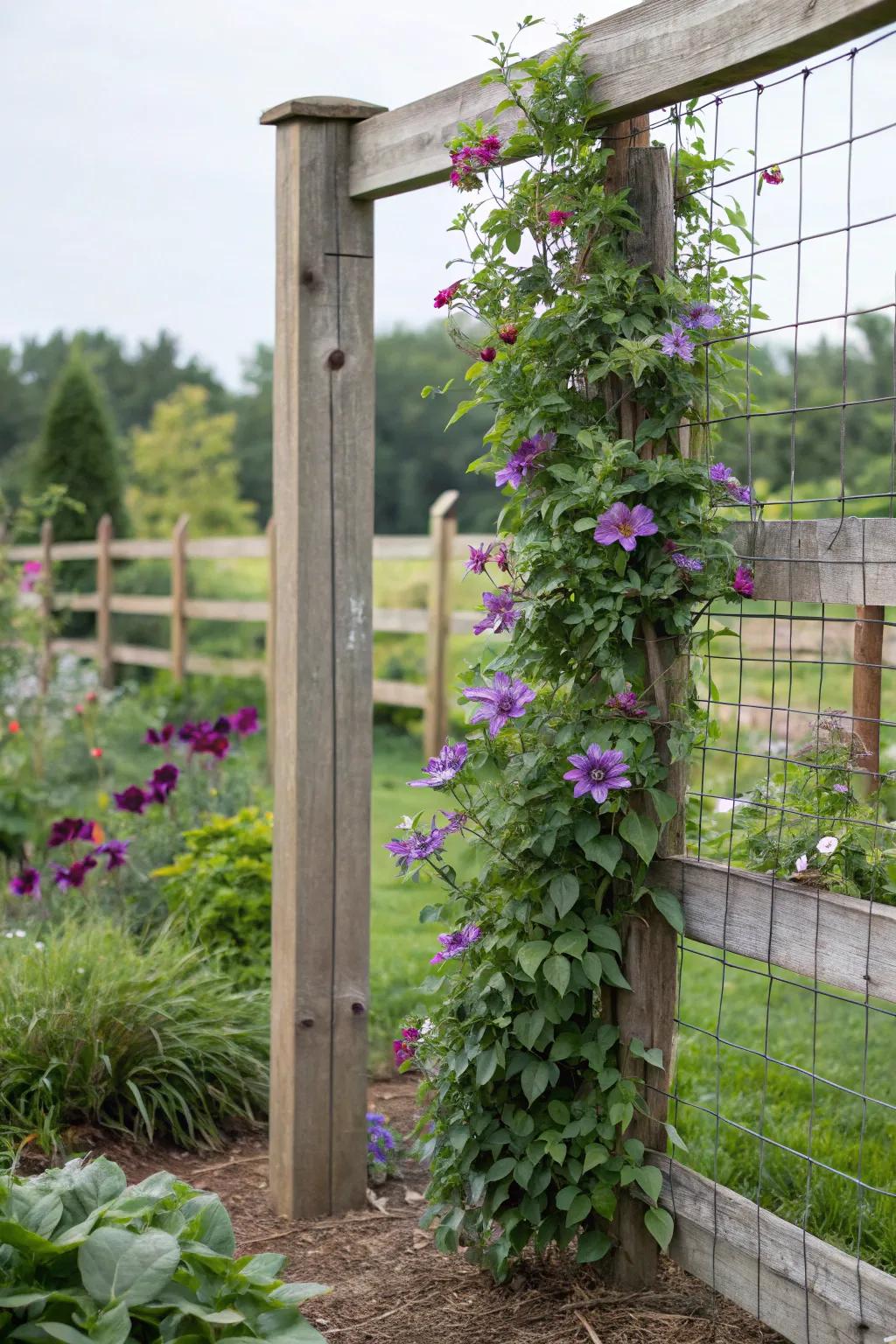 A livestock panel provides practical support for clematis growth.