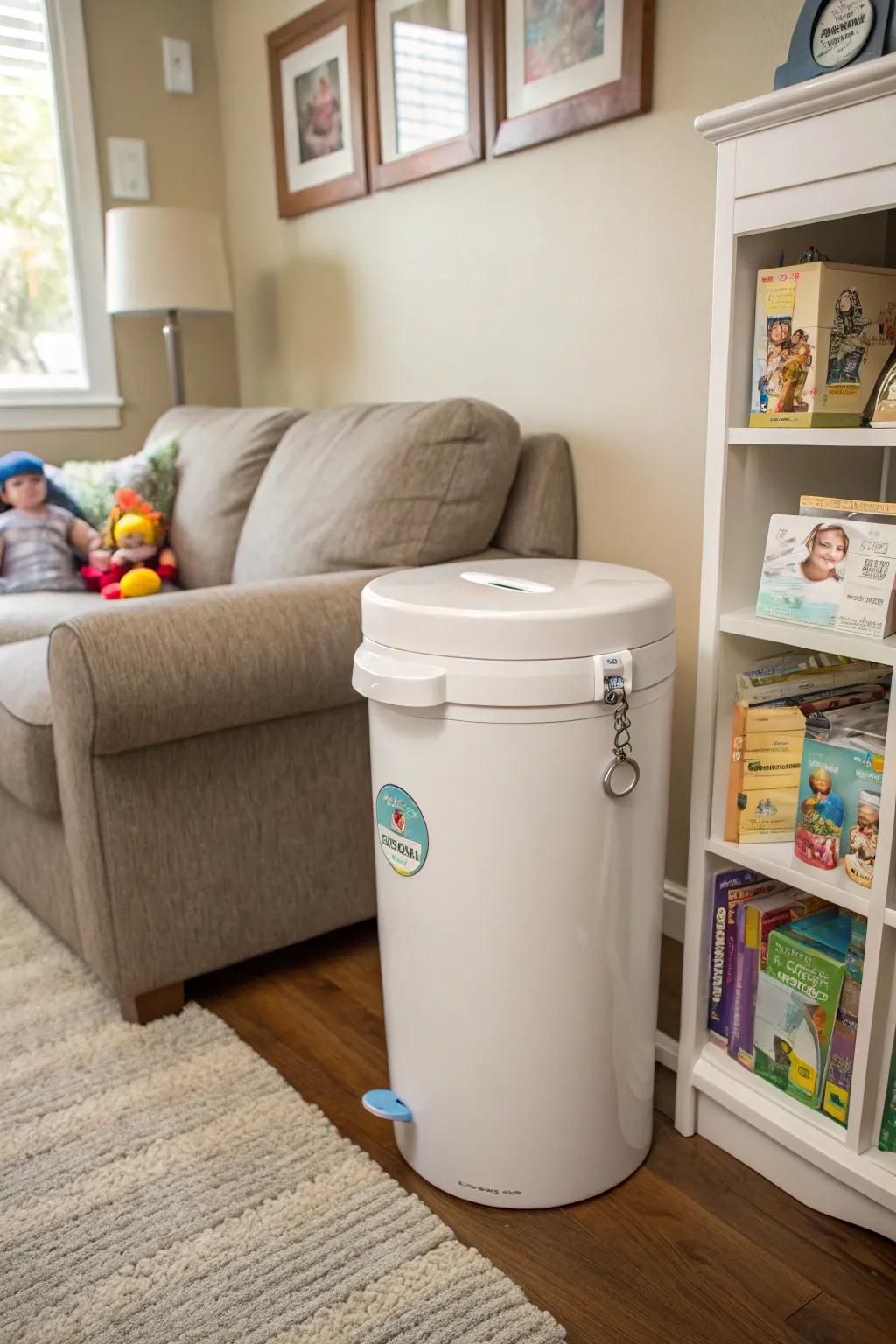 A childproof diaper pail ensures safety and prevents accidental messes in a family home.