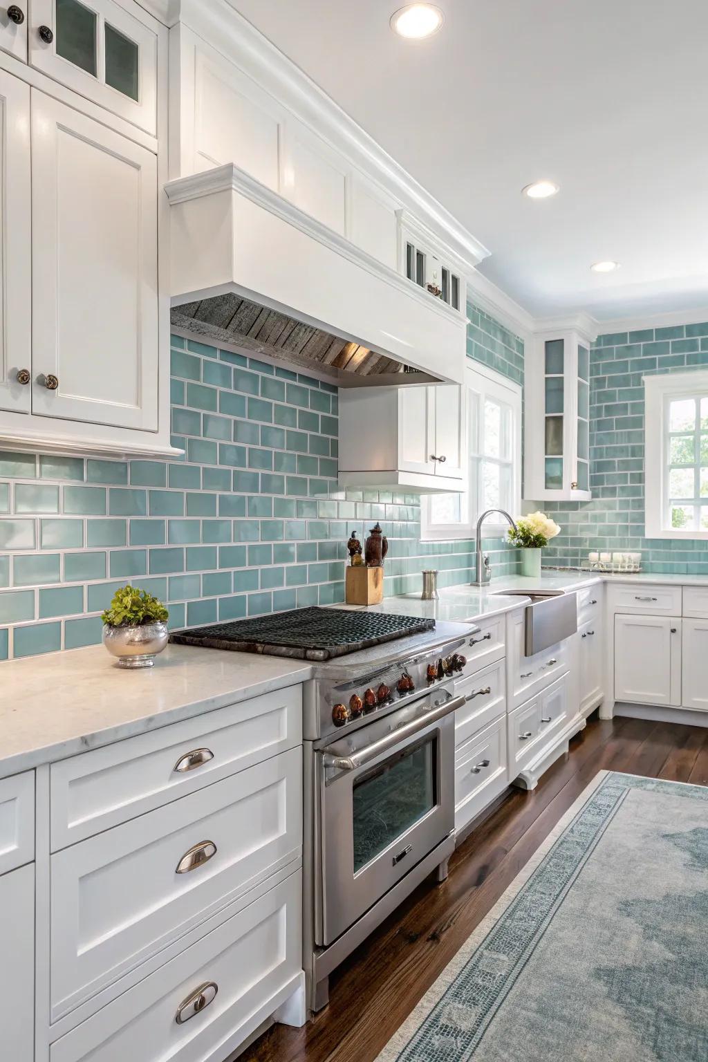 Rectangular tiles in sea hues add a fresh coastal twist.