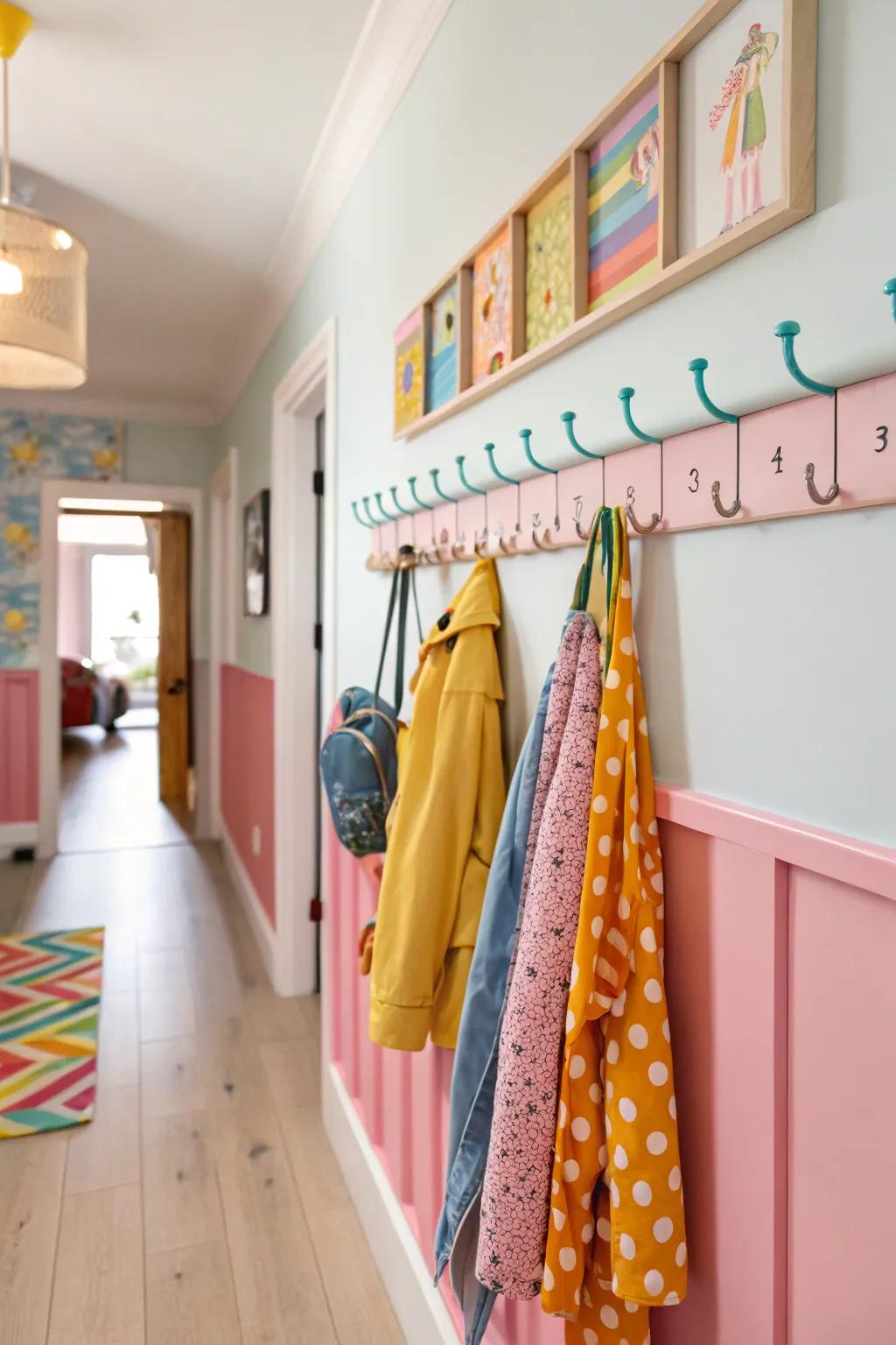 A vivid peg rail hanger, incorporating a spirited and vibrant impression to the corridor.