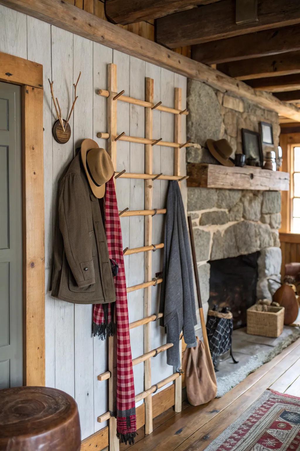 A DIY dowel garment stand bringing rustic charm to coat stowing.