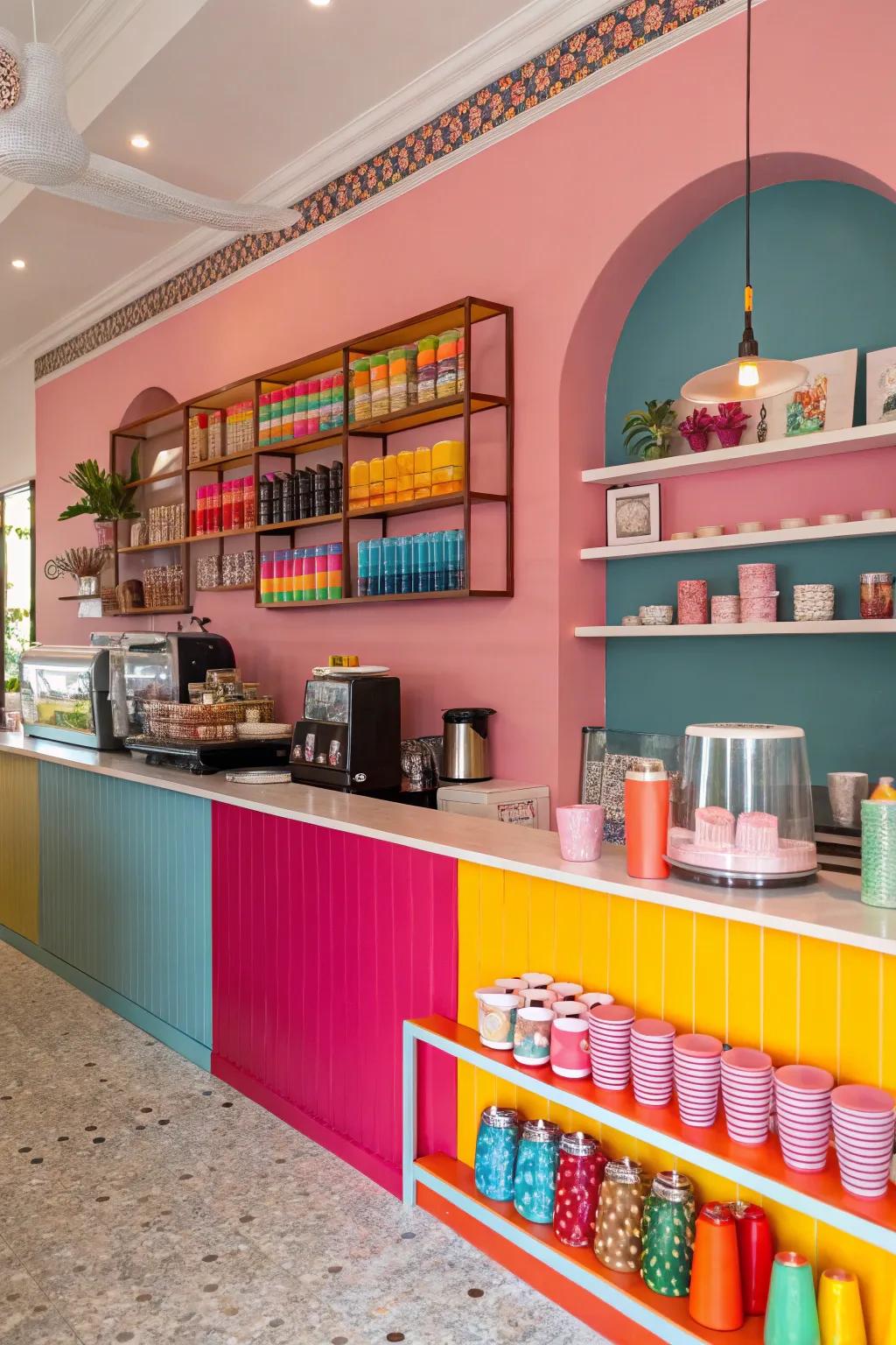Vibrant hues design a striking and memorable coffee bar setup.