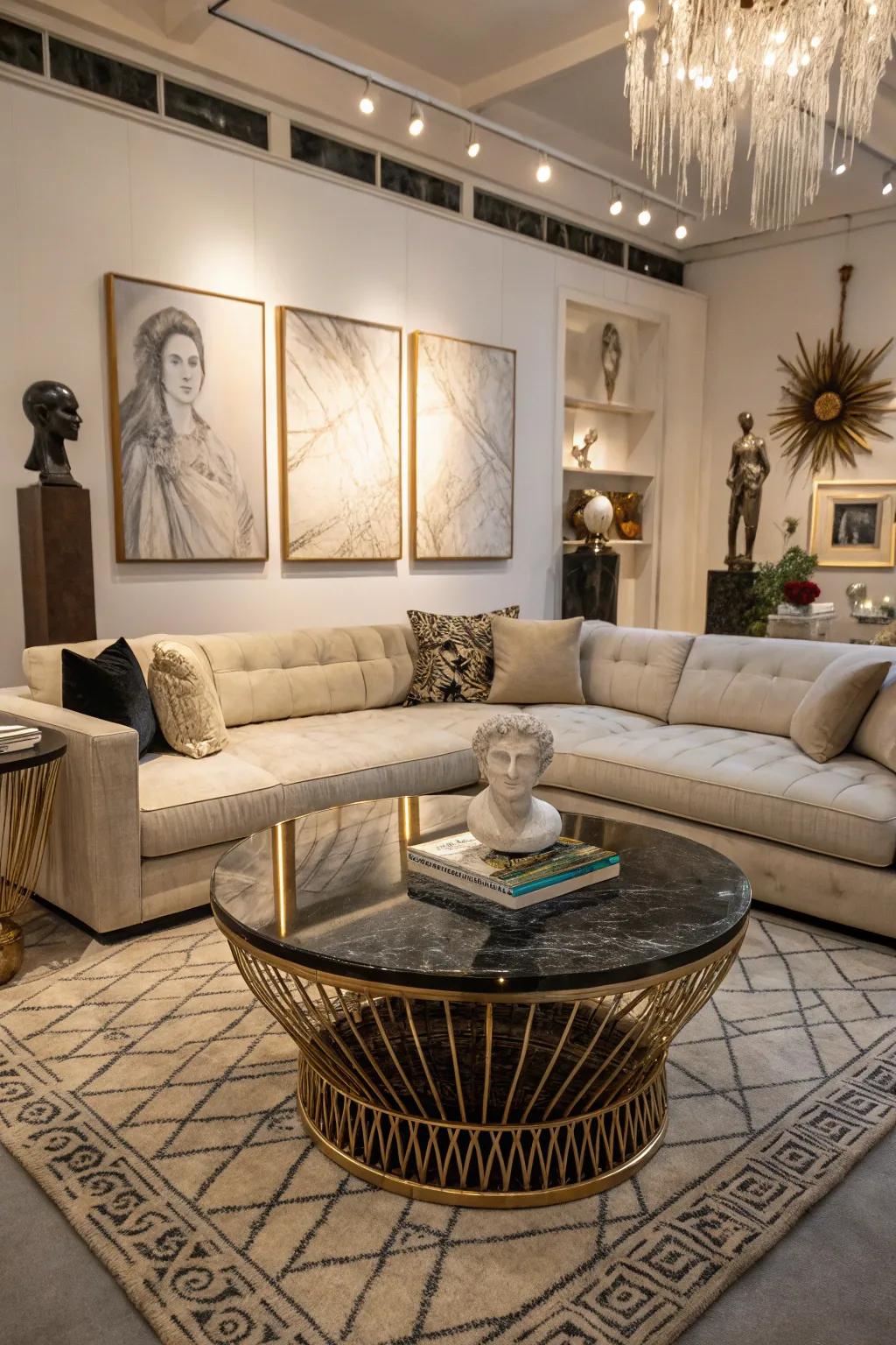 A sculptural coffee table adds artistic flair to a stylish living space.