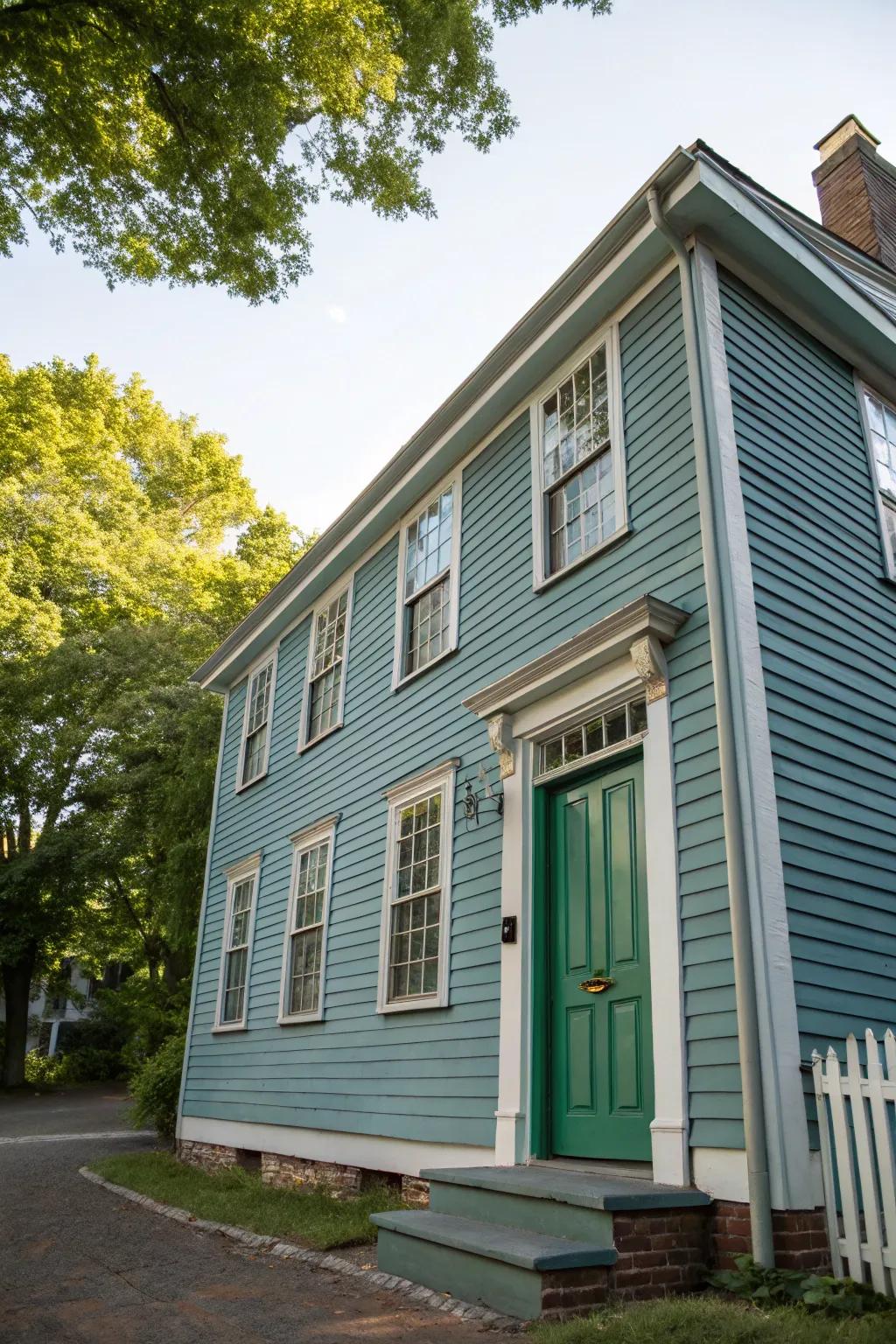 A serene colonial house with blue-gray siding and a striking green door.