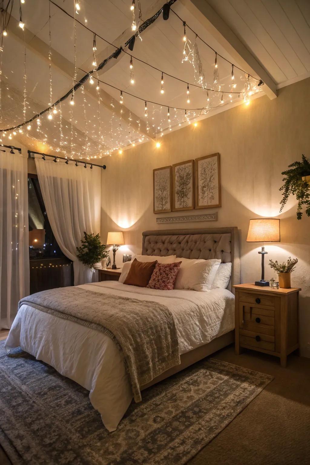 Layered illumination sets the mood and adds depth to this color-drenched bedroom.