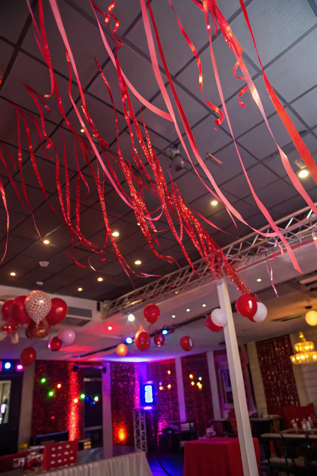 An eye-catching cerise streamer ceiling setting the festive mood.