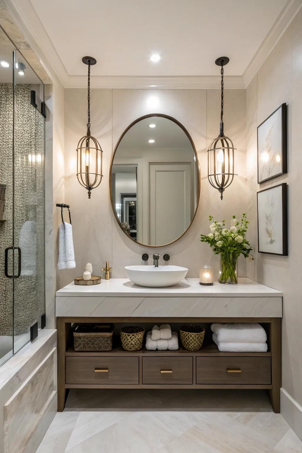 A wall-mounted vanity adds a modern touch to this guest bathroom.