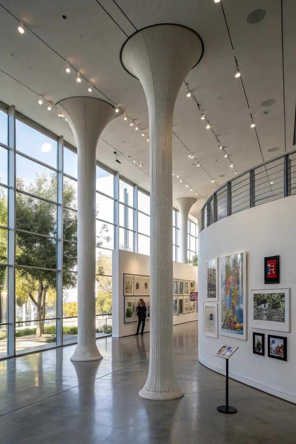 Sculpted columns standing as artistic focal points in a modern space.