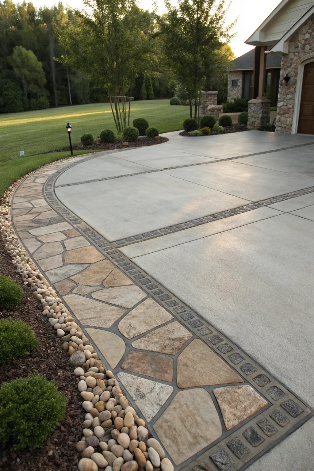 A driveway that creatively mixes concrete and stone for texture.