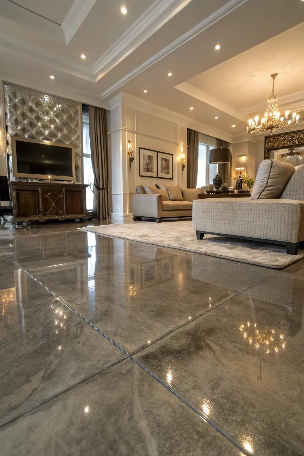 Metallic sheen concrete floors add a luxurious touch to a living room.