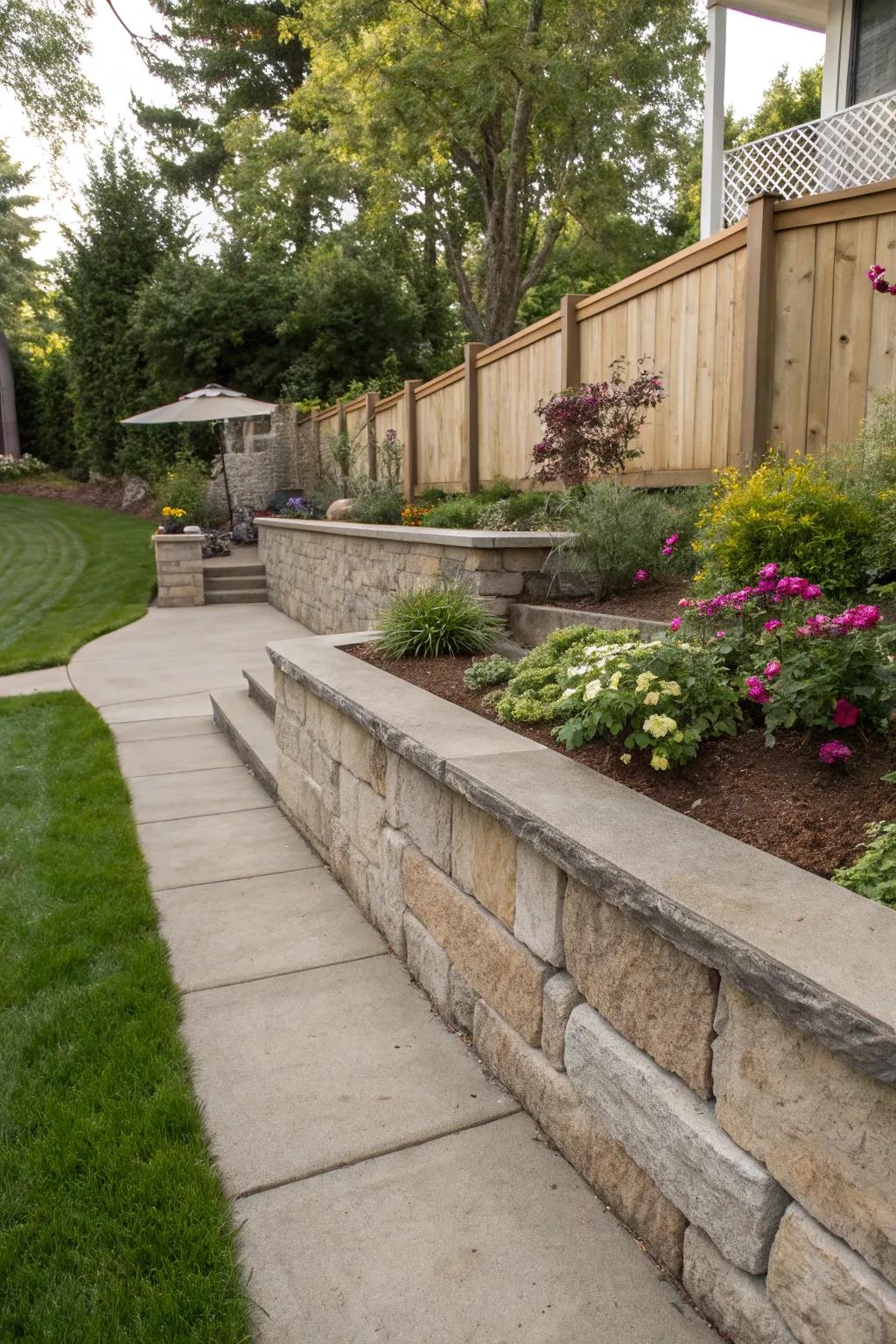 Natural stone accents add warmth to concrete designs.