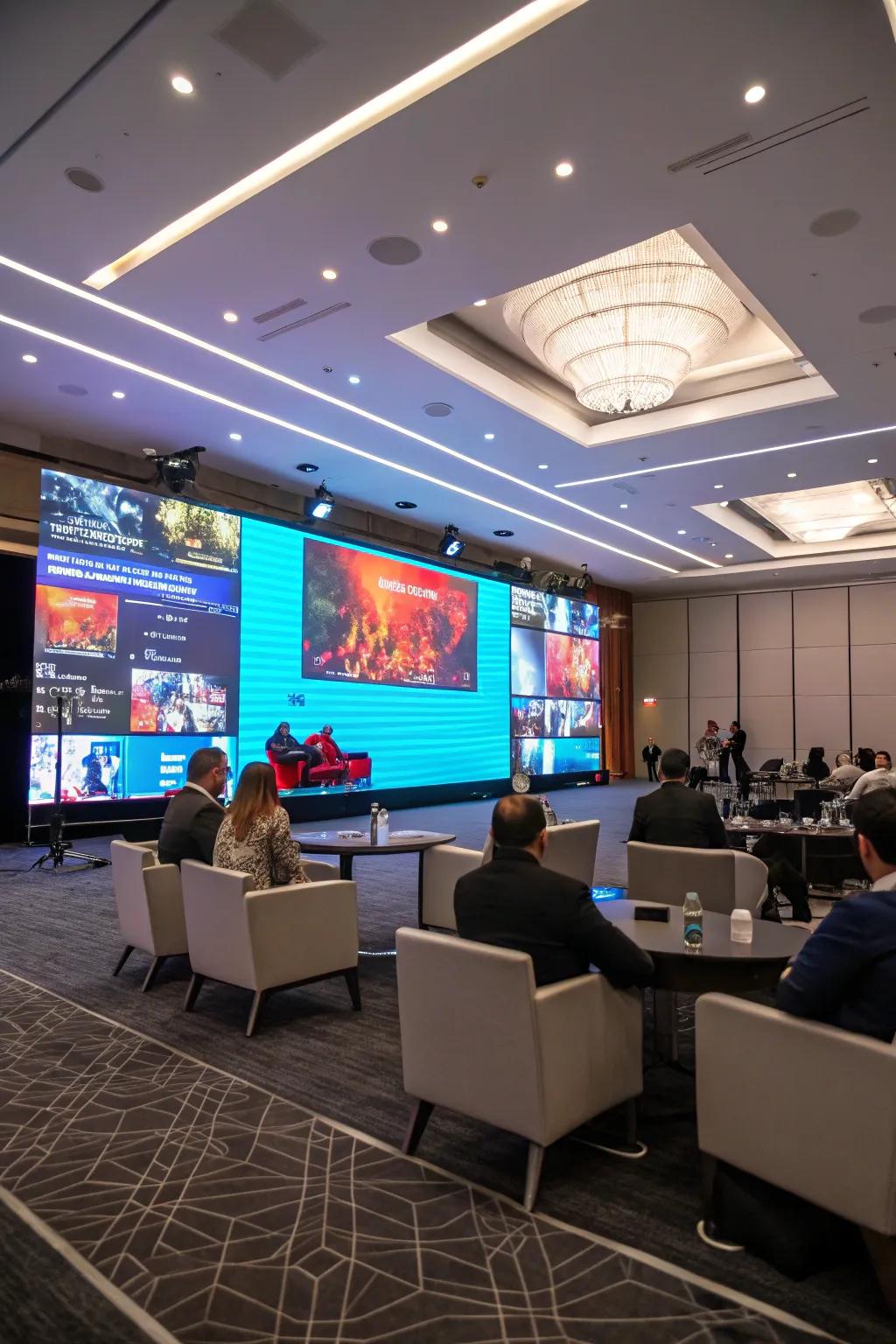 Video walls provide visuals for presentations.