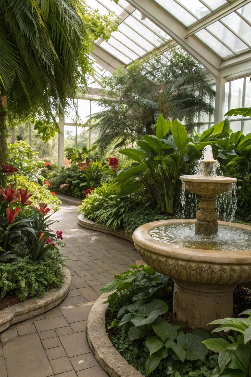 A calming water element within a conservatory.