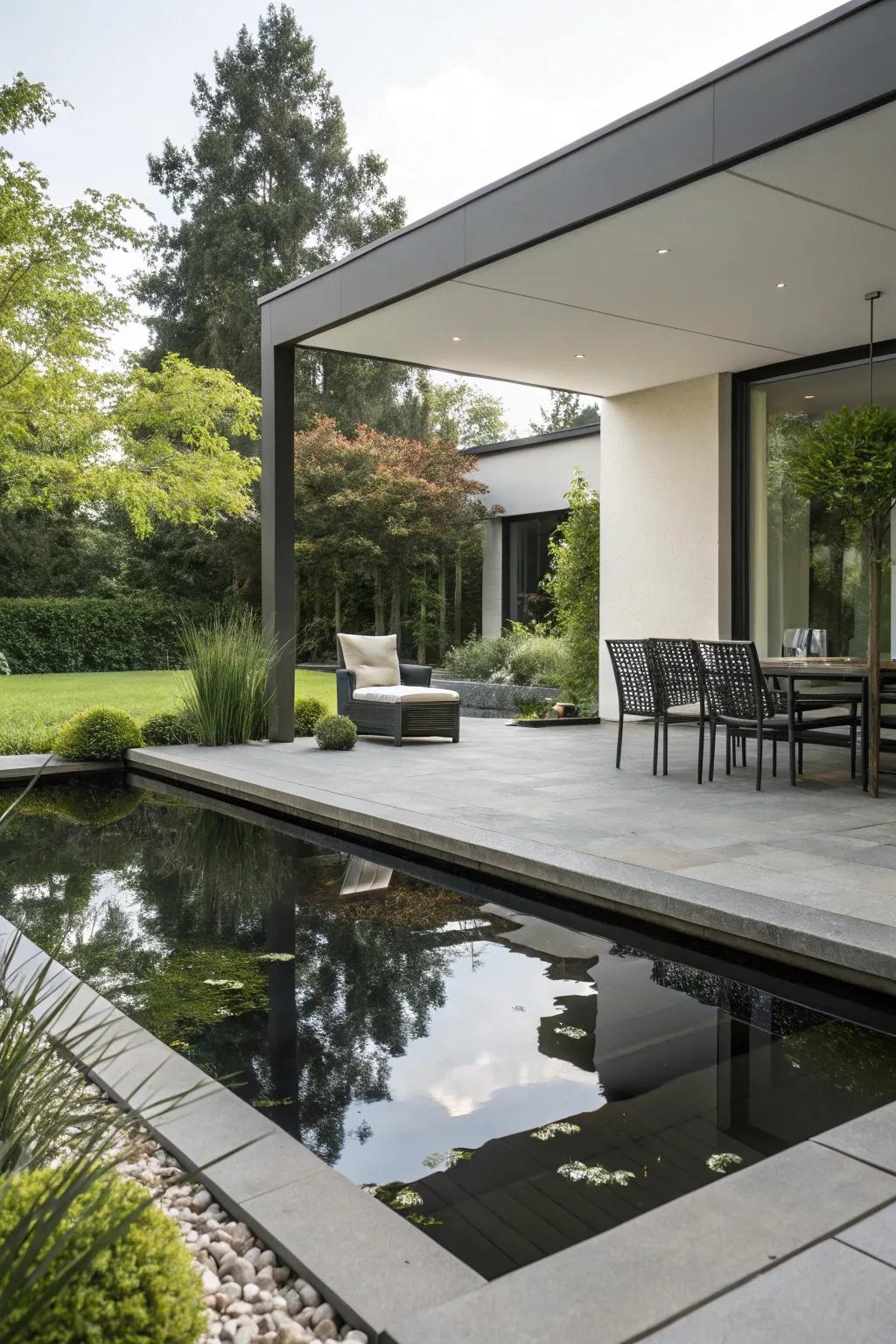 A reflective pool brings class and peace to a patio.