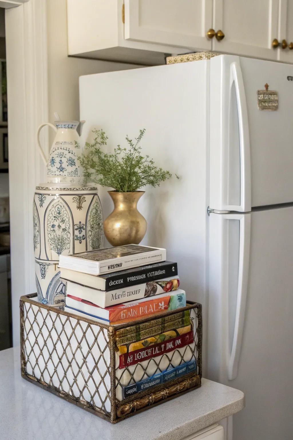 Top-of-fridge storage adds functionality to an underused space.
