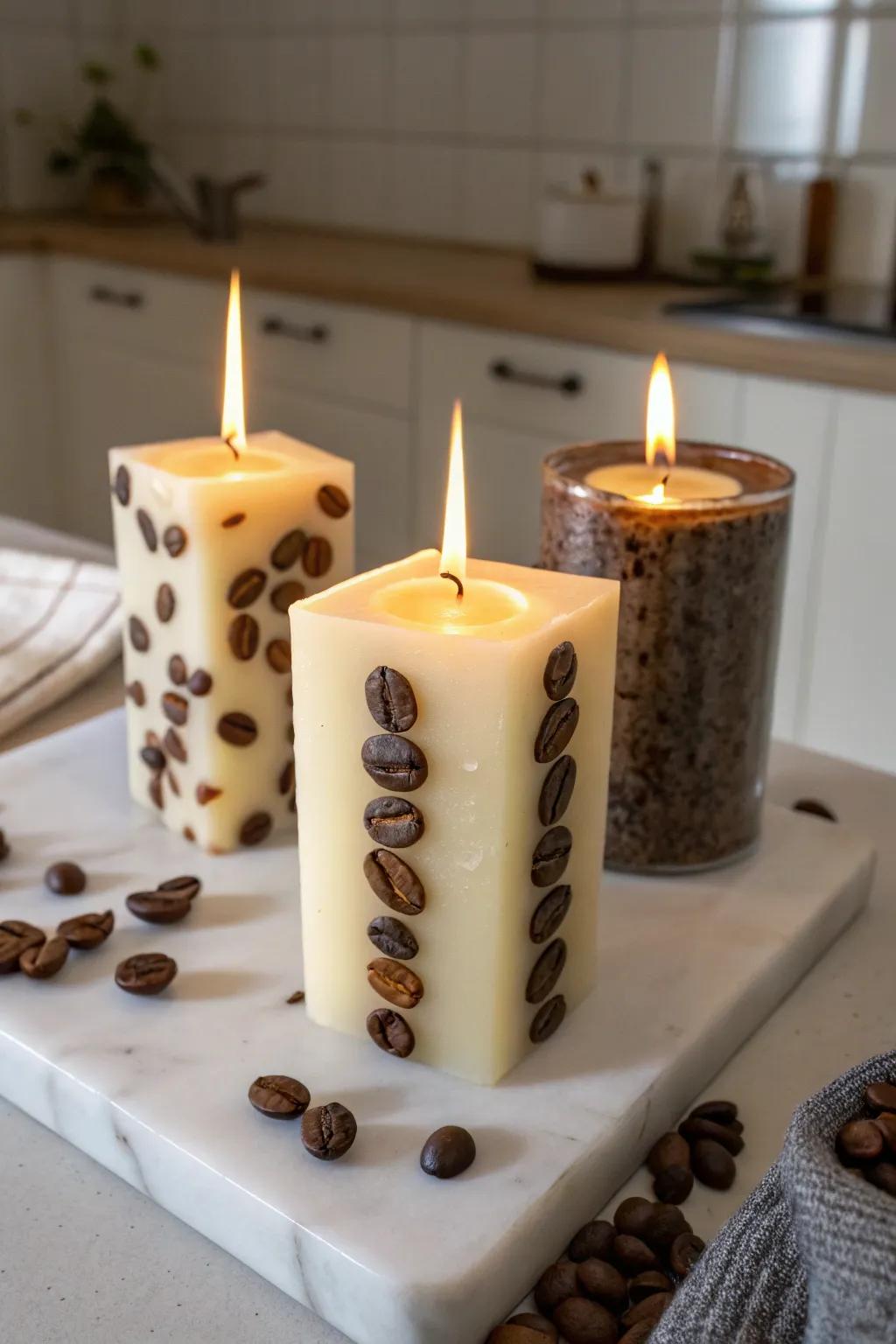 Coffee bean candles offer a warm, inviting scent.