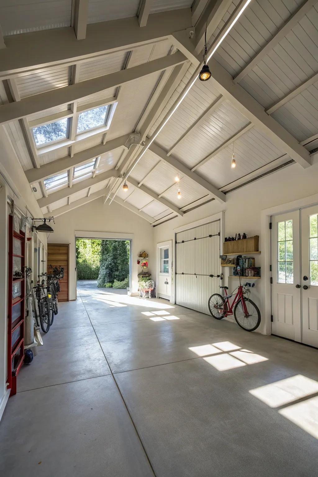 Vaulted ceilings create an open and spacious garage atmosphere.