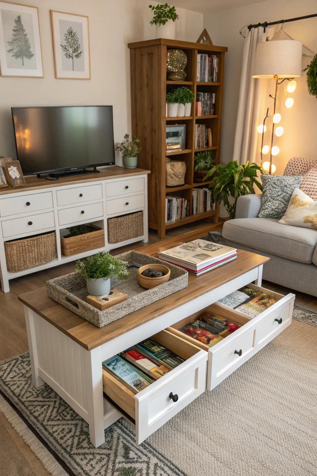 Clever storage solutions maintain an orderly and stylish living room.