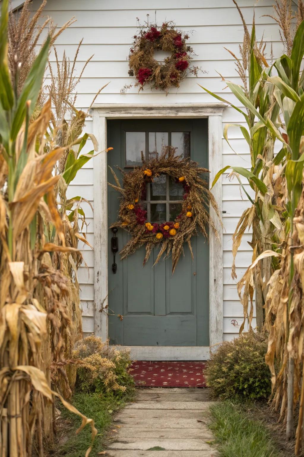 Celebrate the season through a cohesive dried corn stalk including a garland display.