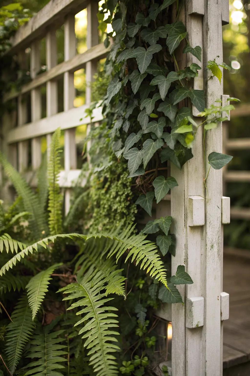 A textured display of ferns and ivy adorning a trellis.