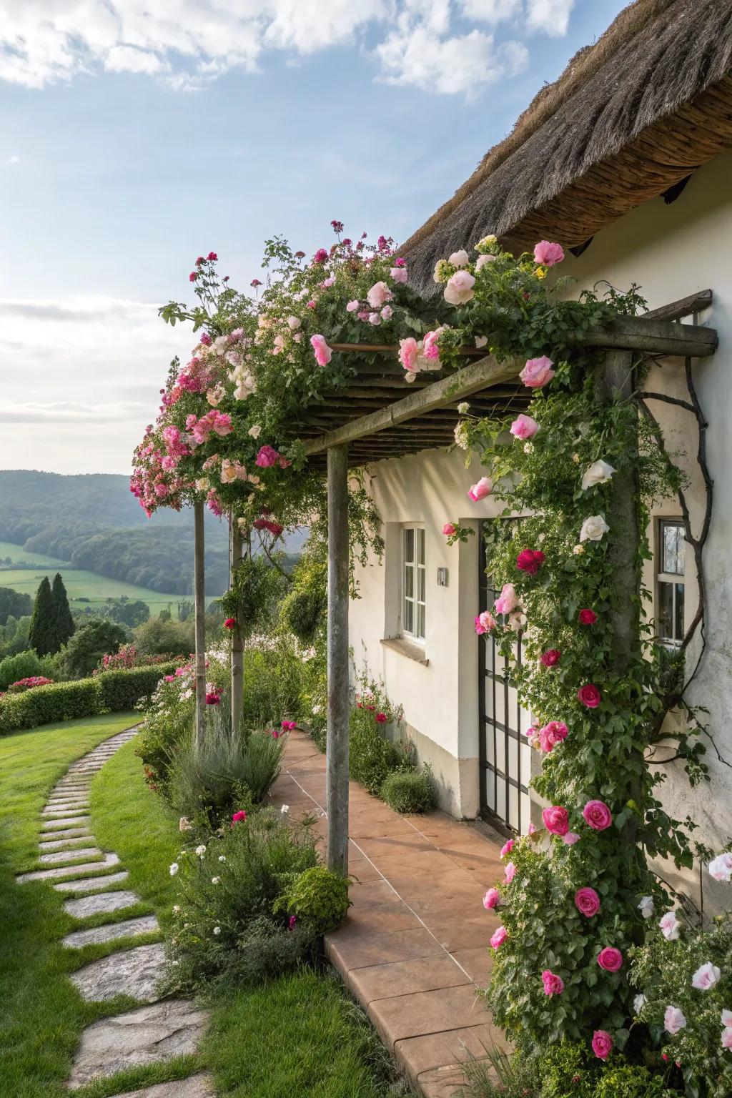 A shaded walkway or climbing support adds romance and shade to a cottage exterior.