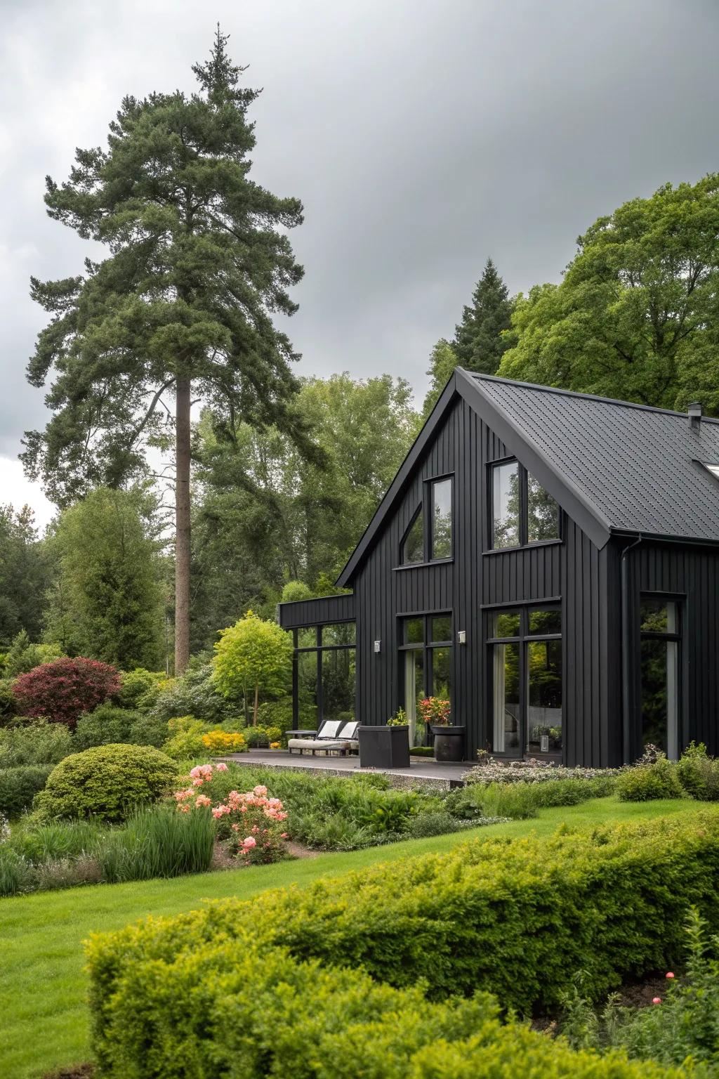 Bold black siding gives a modern feel.